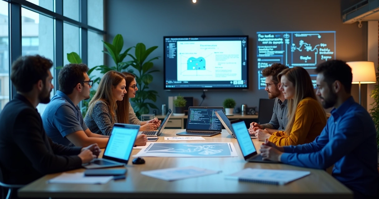 Equipe multidisciplinar reunida em escritório moderno trabalhando em desenvolvimento de software sob medida
