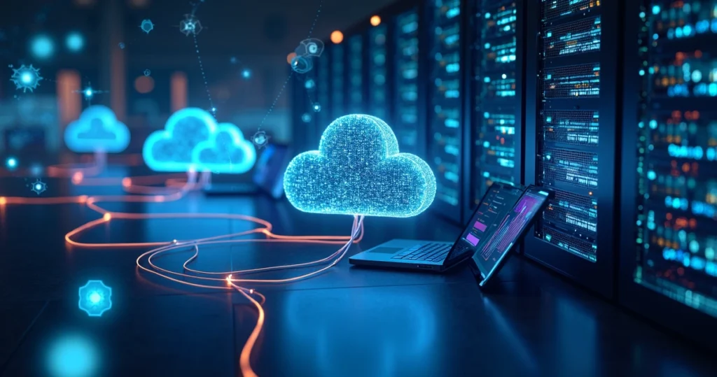 Ilustração realista de integração de sistemas em cloud híbrida com servidores, nuvens digitais e conexões de rede